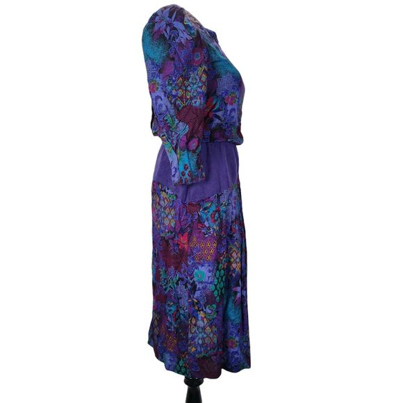 Vintage 80s Secretary Midi Dress Size S/M Rayon Purple Boho Floral Print - Picture 4 of 12